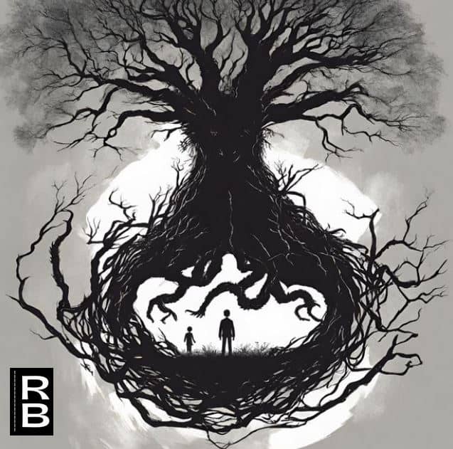 Artwork representing characters from the novel "A Monster Calls." Two children standing inside the space created by the roots of a majestic tree.