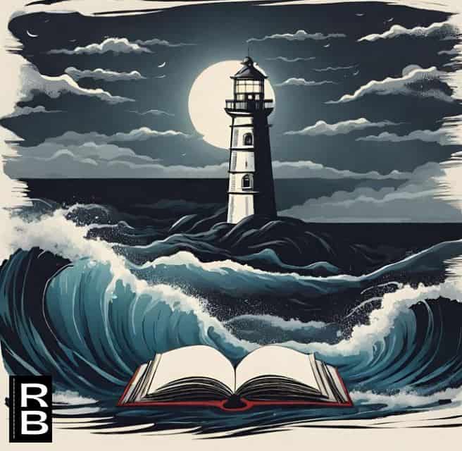 Lighthouse surrounded by turbulent waters at night. An open book at the bottom, suggesting the power of favorite books.