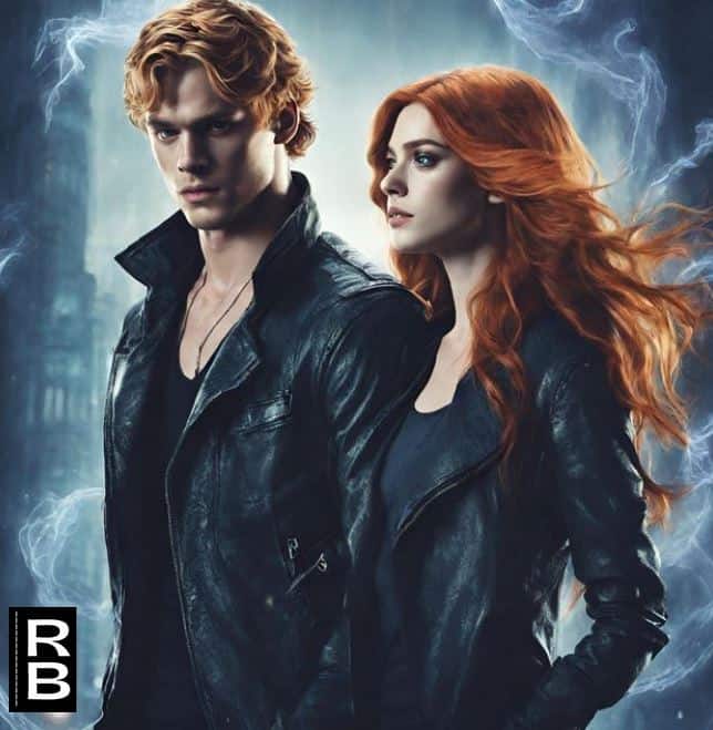 Artwork depicting Jace and Clary, main characters from the "Shadowhunters" book series, wearing black jackets.