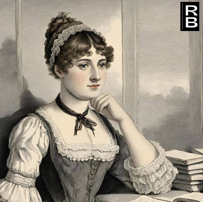 Artwork depicting the writer Jane Austen sitting at a table, with her left elbow on it.