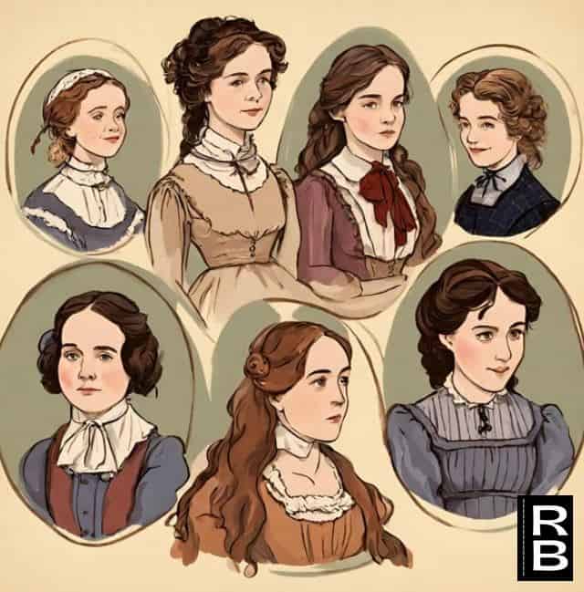Artwork representing characters from the novel "Little Women" - 7 women in small portraits.