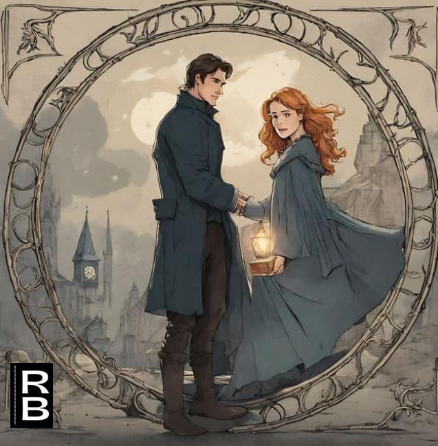Artwork representing Matthew and Diana, the two main characters in the "All Souls" book trilogy. They are stepping through a gateway. Matthew is holding Diana hand and a lantern is hanging off Diana's right arm.