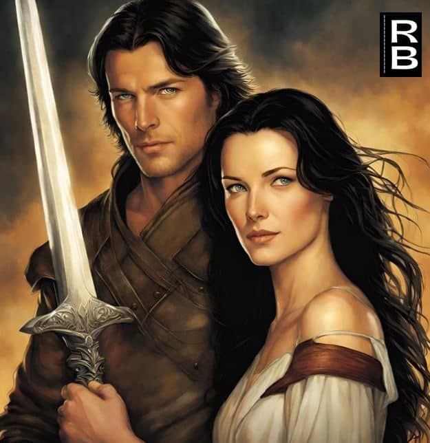 Artwork representing Richard and Kahlan from the "Sword of Truth" book series looking to their left. Kahlan is holding a raised up sword.