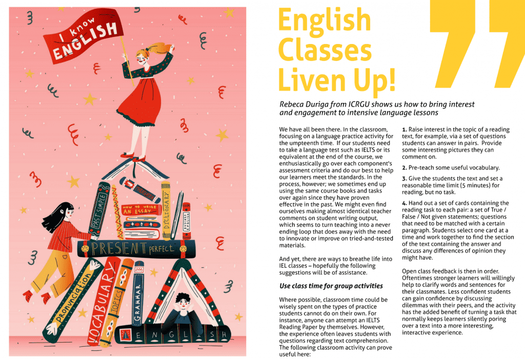 A close up of an article written by Rebeca Duriga and entitled "English Classes Liven Up!".