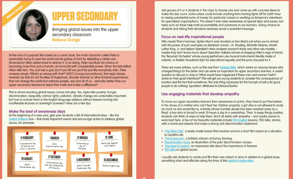 A close up of an article written by Rebeca Duriga and entitled "Bringing global issues into the upper secondary classroom".
