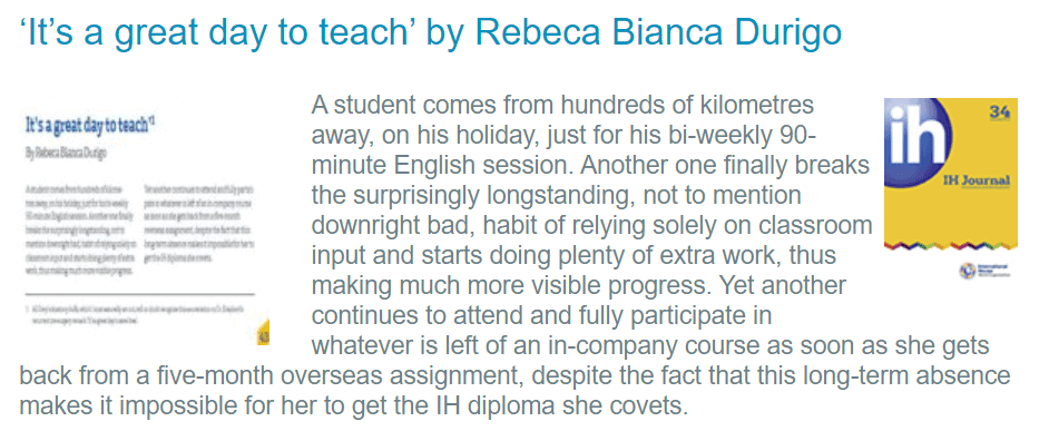 A close up of an article written by Rebeca Duriga and entitled "It's a great day to teach".