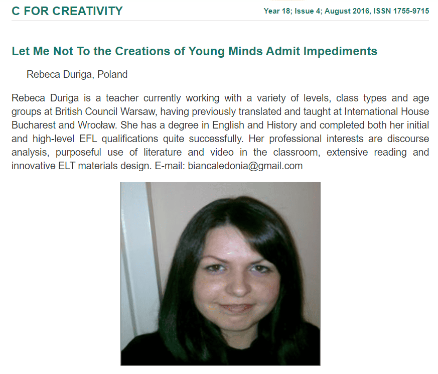 A close up of an article written by Rebeca Duriga, with her image at the bottom. The article is entitled "Let Me Not To the Creations of Young Minds Admit Impediments".