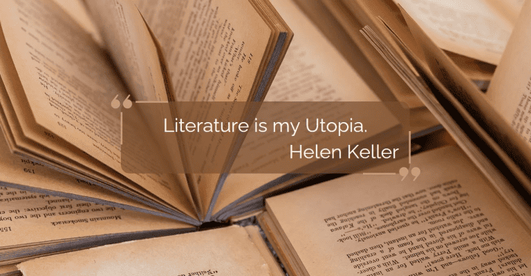 Pages of old books and the quote "Literature is my utopia" in the middle.