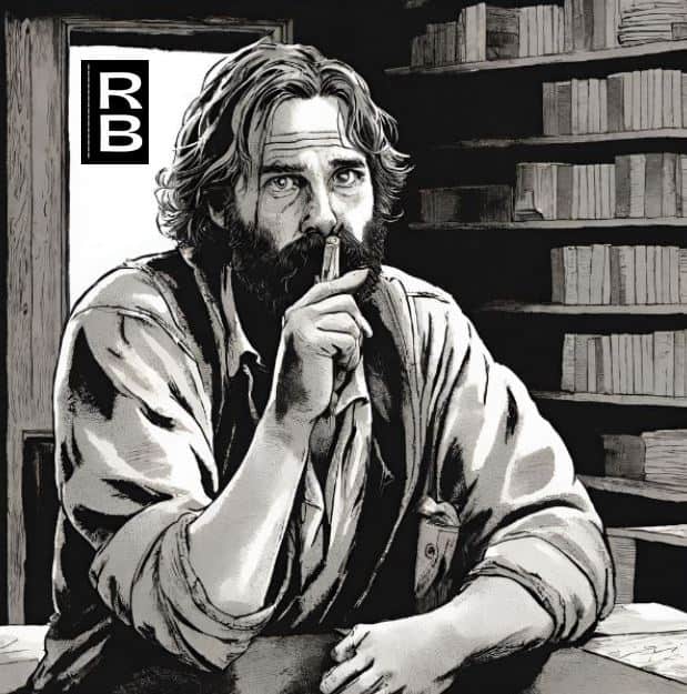 Artwork representing Lee, the main character from "A Quiet Place", as a bearded man telling us to be quiet.