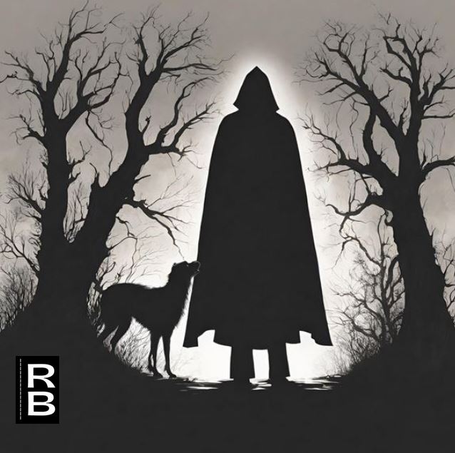 A hooded creature reminiscent of Frankenstein's monster against a dark background with a dog near him.