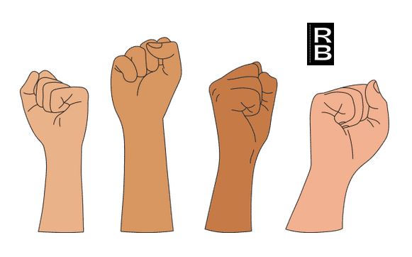Four fists raised in the air.