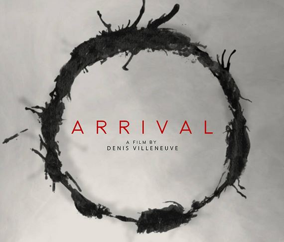 Artwork based on the "Arrival" movie poster, with a black circle and the film title and director name in the middle of it.