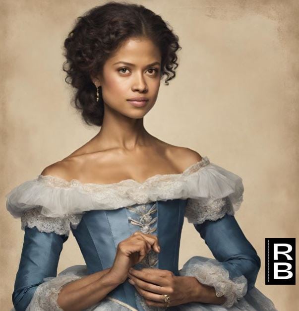 Artwork representing Dido Elizabeth Belle from the movie "Belle", a gentlewoman of color in a portrait, wearing a blue and white dress.