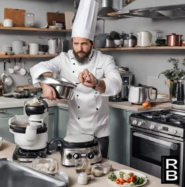 Chef wearing professional outfit using a lot of kitchen appliances to cook.