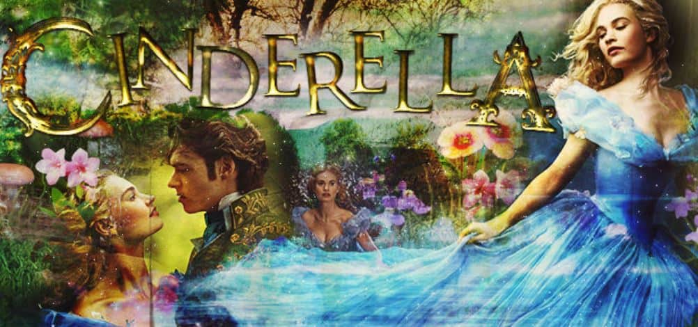 Artwork showing the two main characters in the Disney film "Cinderella": the couple looking at each other on the left hand side and Cinderella in a bright blue dress on the right.