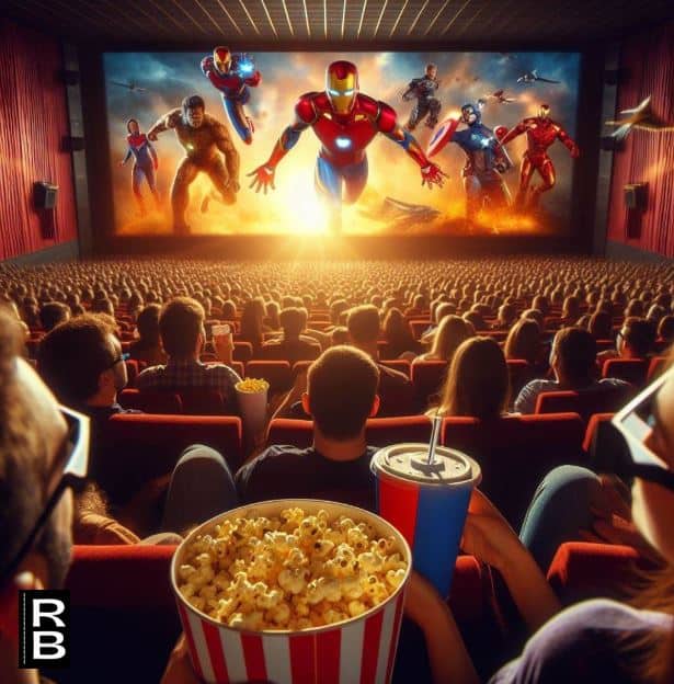 Cinema packed with people watching a superhero film. This is suggestive of watching favorite movies.