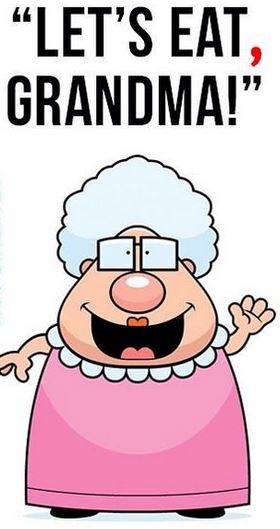 A happy grandmother because of the message "Let's eat, Grandma!"