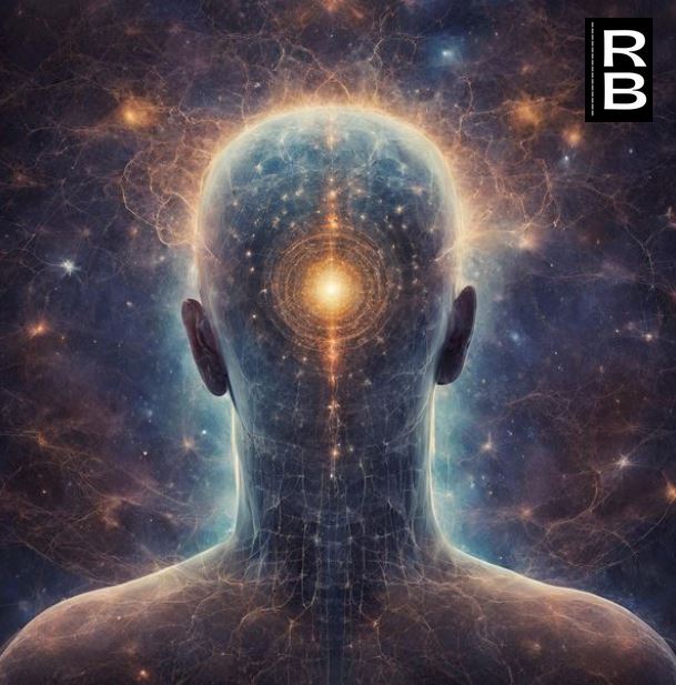 A man's consciousness as a bright light in the middle of his head.