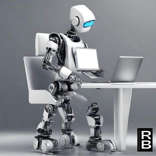 A robot with a laptop in hand looking at another one on the desk. This is suggestive of the "Does Chat GPT plagiarize?" question.