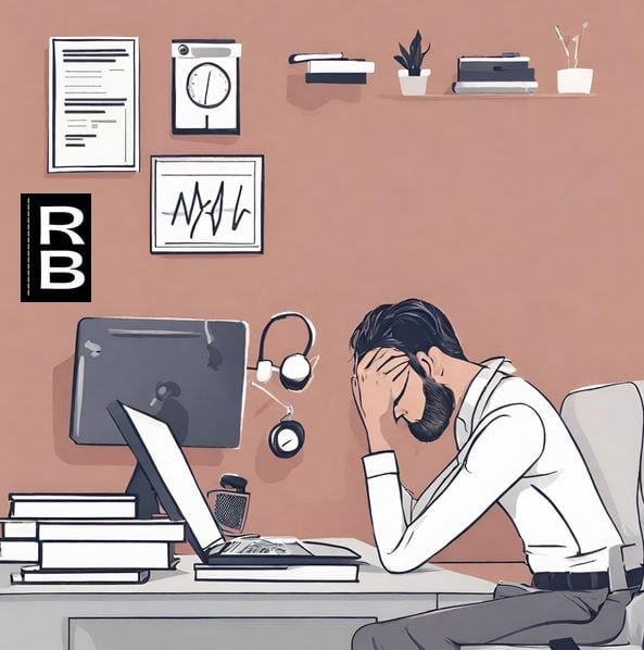 Man in front of desk and laptop, feeling anxious, probably thinking about how to break the cycle of performance anxiety.