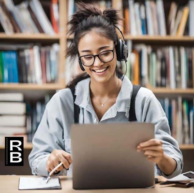 A happy student with headphones, benefiting from study tips for college.