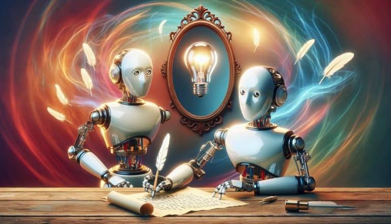 2 robots writing in front of a mirror that shows a light bulb