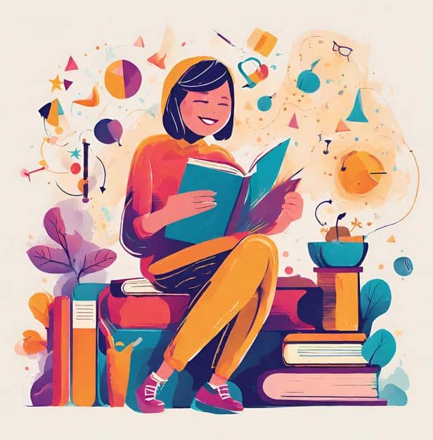 Happy adult student reading a book.
