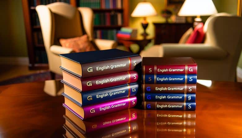 Two piles of English grammar books.