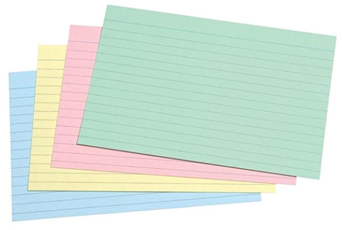 Colored paper flashcards: a blue one, a yellow one, a pink one, and a green one.
