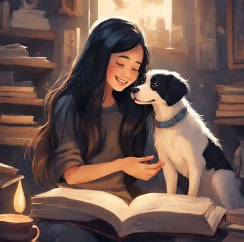 Girl and dog with a book in front of them