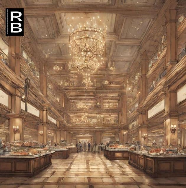 A grand room with tables full of food and a bright chandelier.