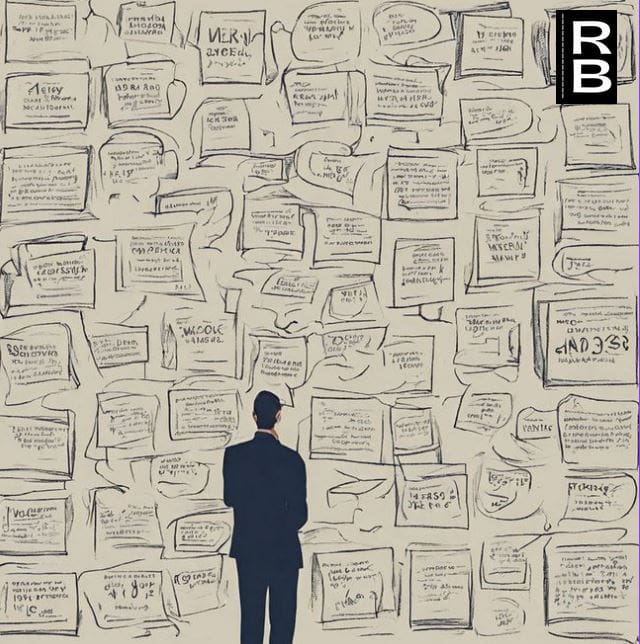 Man in suit in front of a lot of informational posters having to make a choice.