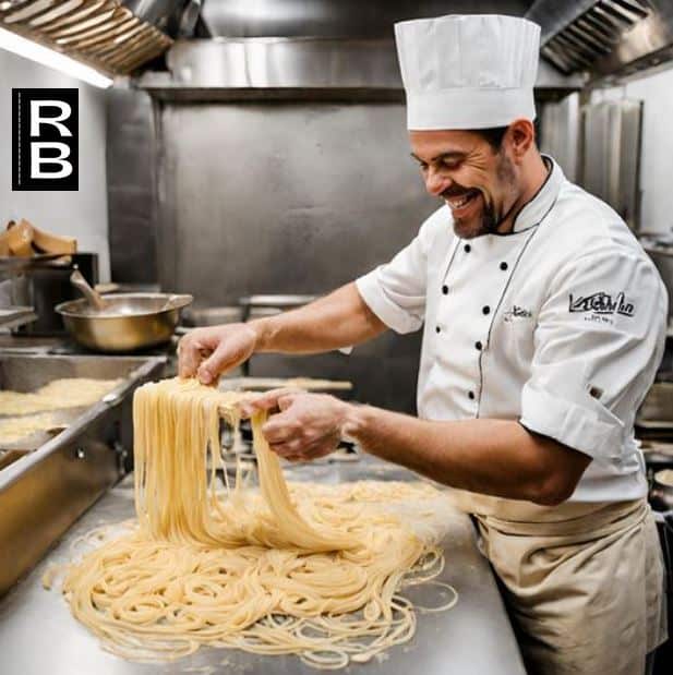 Chef wearing professional clothes cooking pasta by hand smiling. Minimal machinery around him.