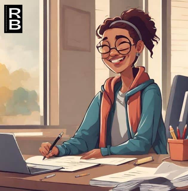 Happy glass-wearing female student holding a pen. Papers and a laptop in front of her.