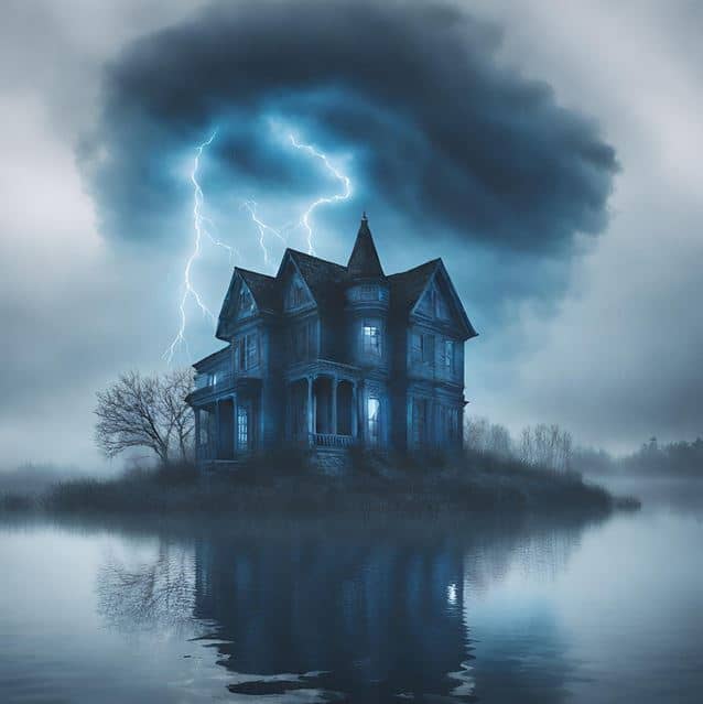 A haunted house in the storm surrounded by a lake