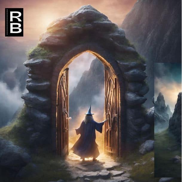 A Gandalf-like sorcerer walking through an open magical gate.