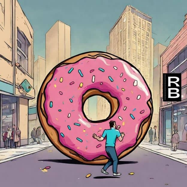 A huge pink donut in front of a man holding up his hands in fear.