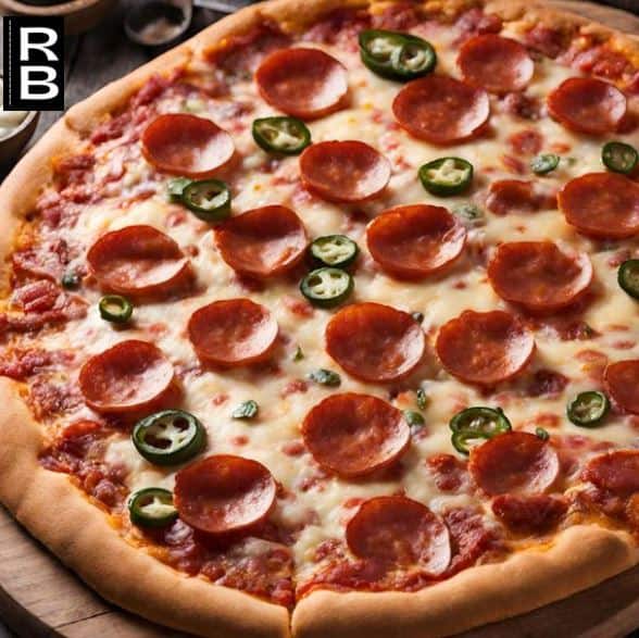 A pizza with pepperoni, cheese, and jalapenos as toppings.