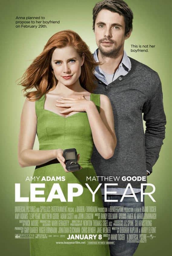 "Leap Year" movie poster, with the main character Anna dressed in green holding a ring box and Declan, in a grey pullover, standing behind her.