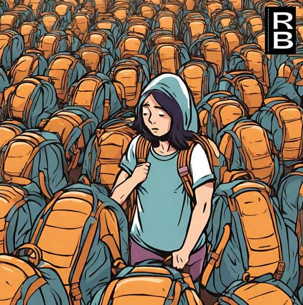A female marathon runner carrying a backpack, surrounded by many more orange ones.
