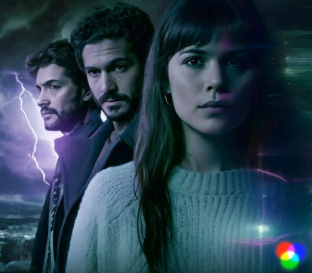 Artwork representing the 3 main characters from the Netflix film "Mirage." The woman (Vera) is looking ahead and there two men behind her, with an electrical storm looming in the distance.