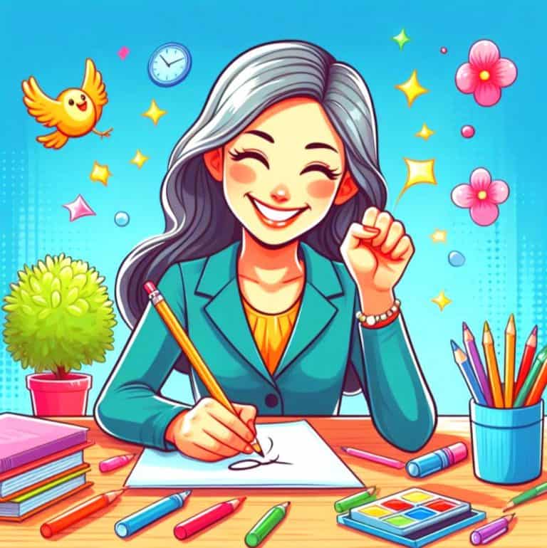 A woman looking happy while improving her handwriting.
