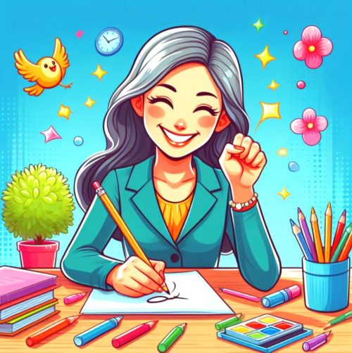 A woman looking happy while improving her handwriting.