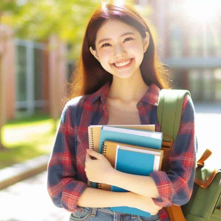 A student with books in her hands who looks very happy.
