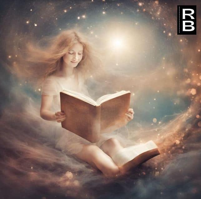 Artwork of girl taking her time reading a book. A galaxy-like atmosphere around her and she looks content.