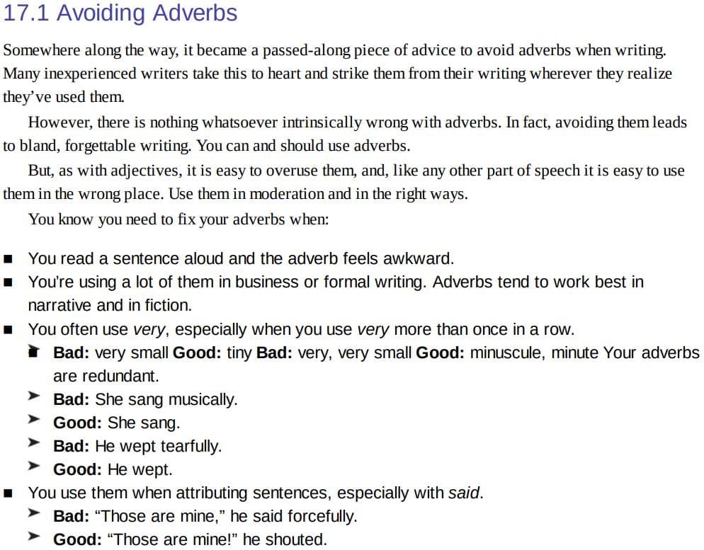 Explanation on avoiding adverbs from Barrett's book.
