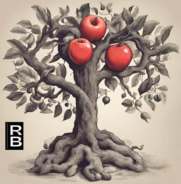 A grey tree with three red apples in it.