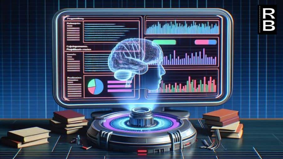A hologram in front of a computer with graphs on the screen.