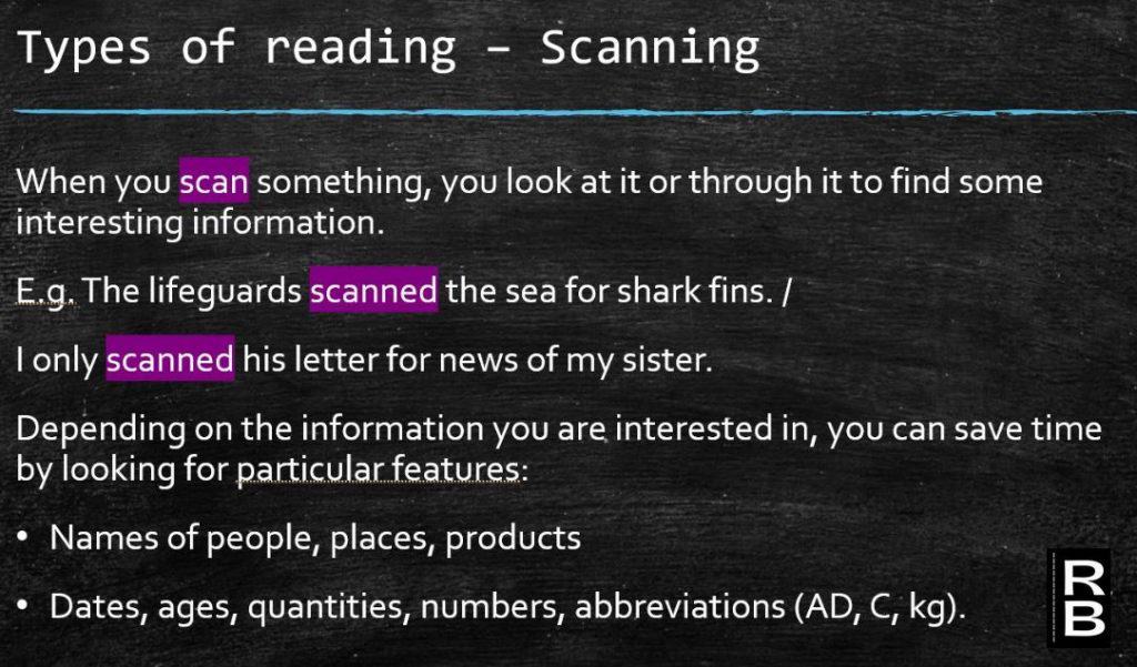 Slide about the type of reading called scanning.