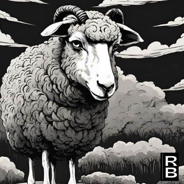 Artwork of a black sheep looking threatening.